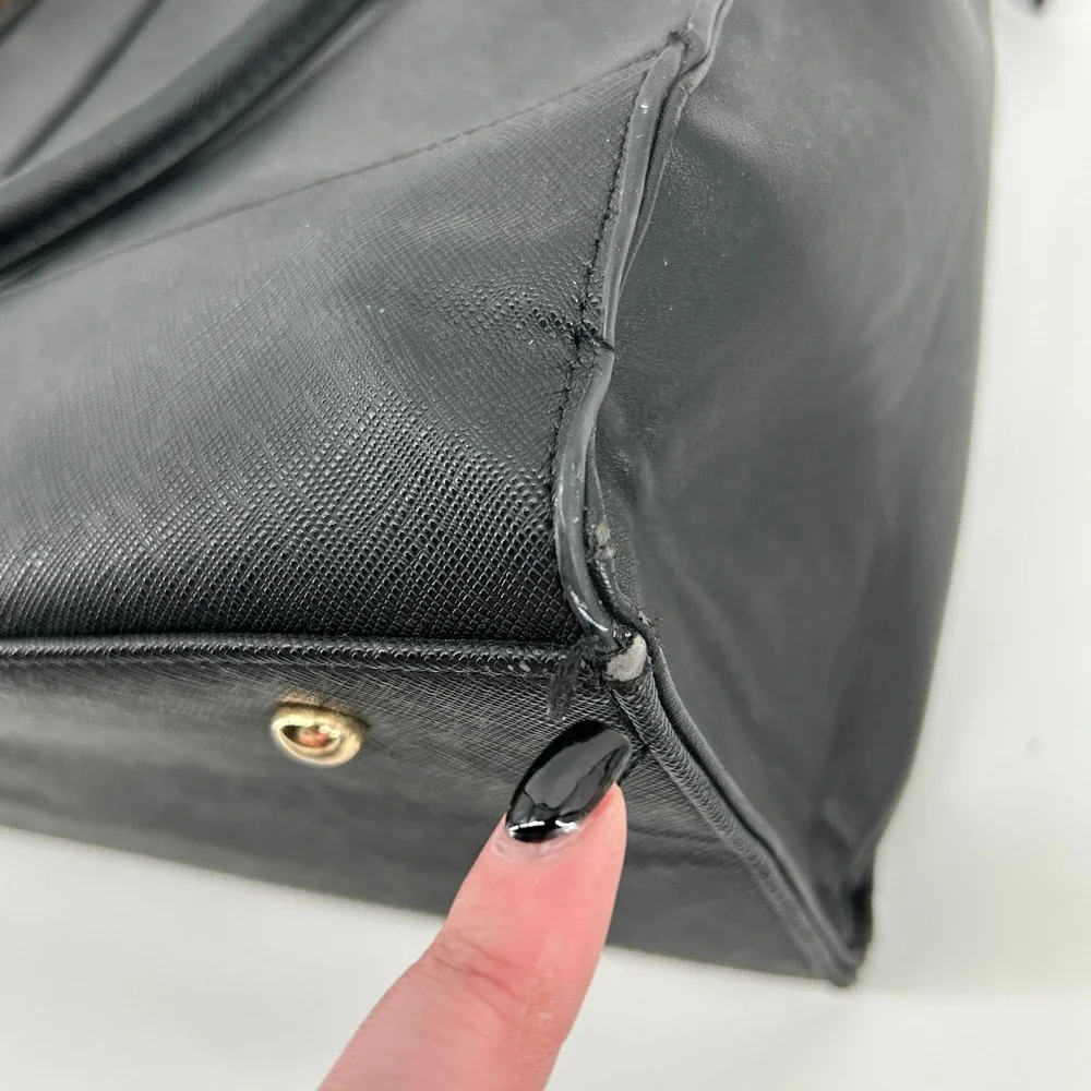 Black Saffiano Faux Leather Laptop Strap Tote Commuter Bag Work Briefcase Travel